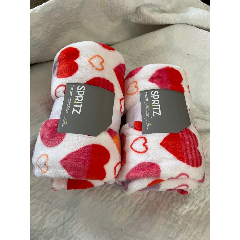 Spritz White/Red Heart Print Micro-plush Throw Blanket 2-Count - 50”x60”